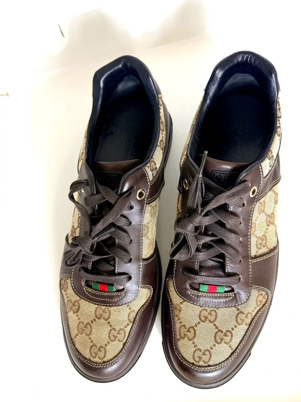 Gucci Brown GG Canvas & Dark Brown Leather Sneakers with Green-Red Web Size 8